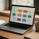 Meja kerja data scientist dengan laptop menampilkan diagram pipeline machine learning