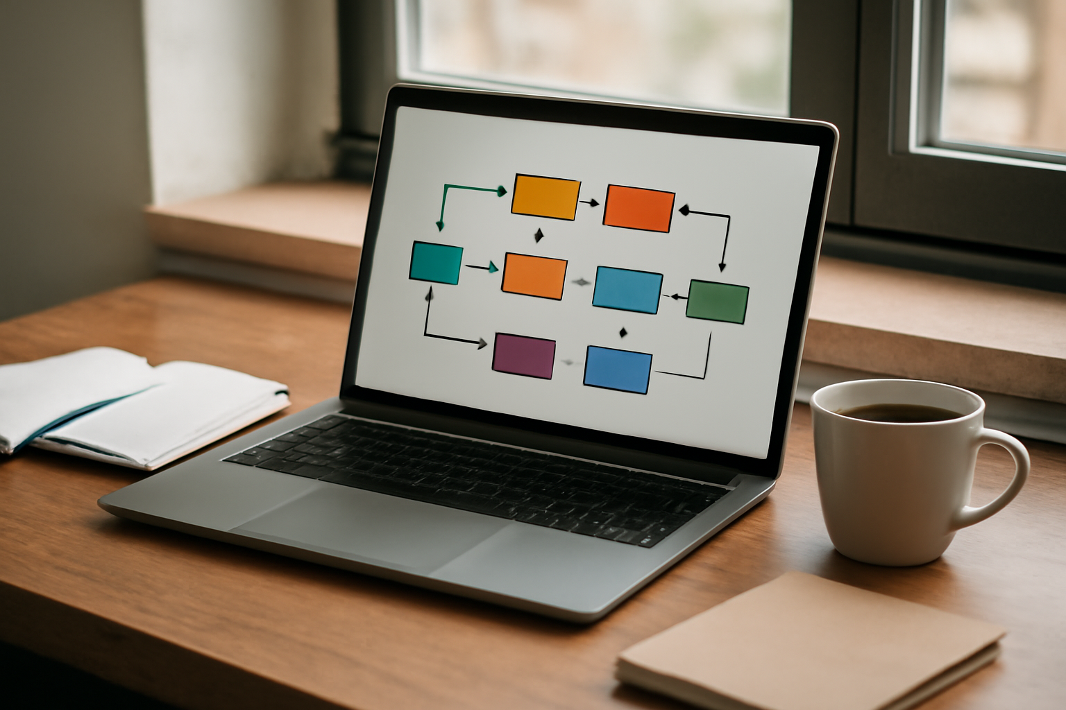 Meja kerja data scientist dengan laptop menampilkan diagram pipeline machine learning