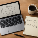 Laptop menampilkan tabel confusion matrix dan catatan rumus precision recall di meja kerja