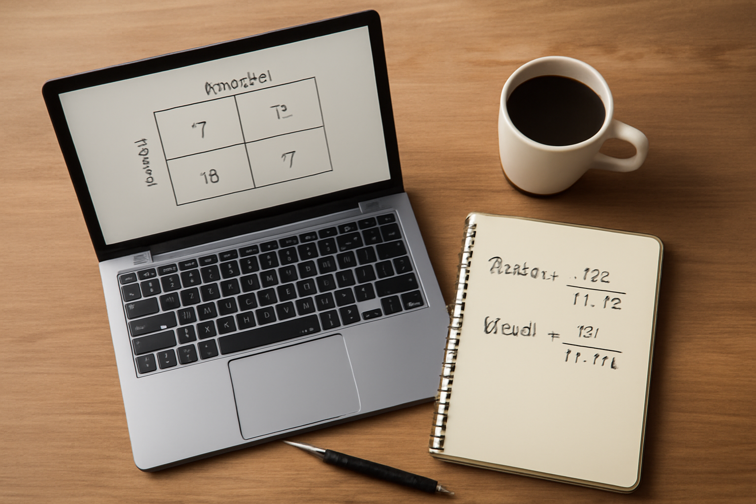 Laptop menampilkan tabel confusion matrix dan catatan rumus precision recall di meja kerja