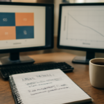 Meja kerja data scientist dengan layar menampilkan matriks konfusi dan kurva presisi-recall untuk evaluasi model klasifikasi