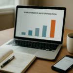Meja kerja data scientist dengan laptop menampilkan grafik distribusi kelas tidak seimbang dan catatan
