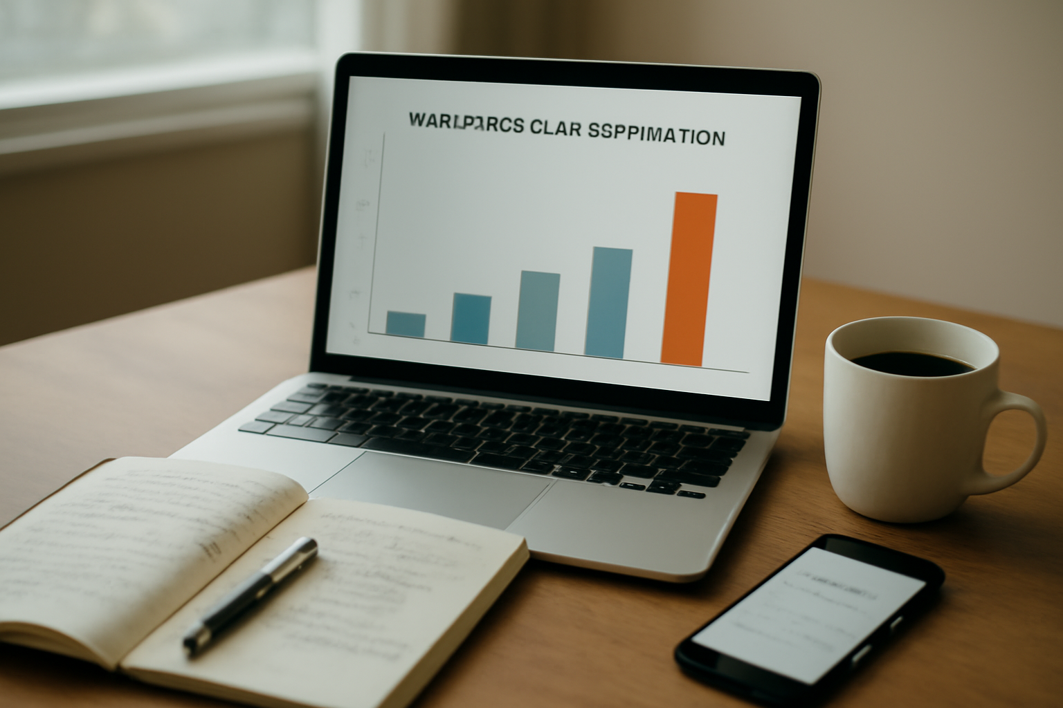 Meja kerja data scientist dengan laptop menampilkan grafik distribusi kelas tidak seimbang dan catatan