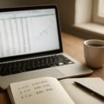Meja kerja data scientist dengan laptop menampilkan data numerik dan grafik untuk normalisasi fitur