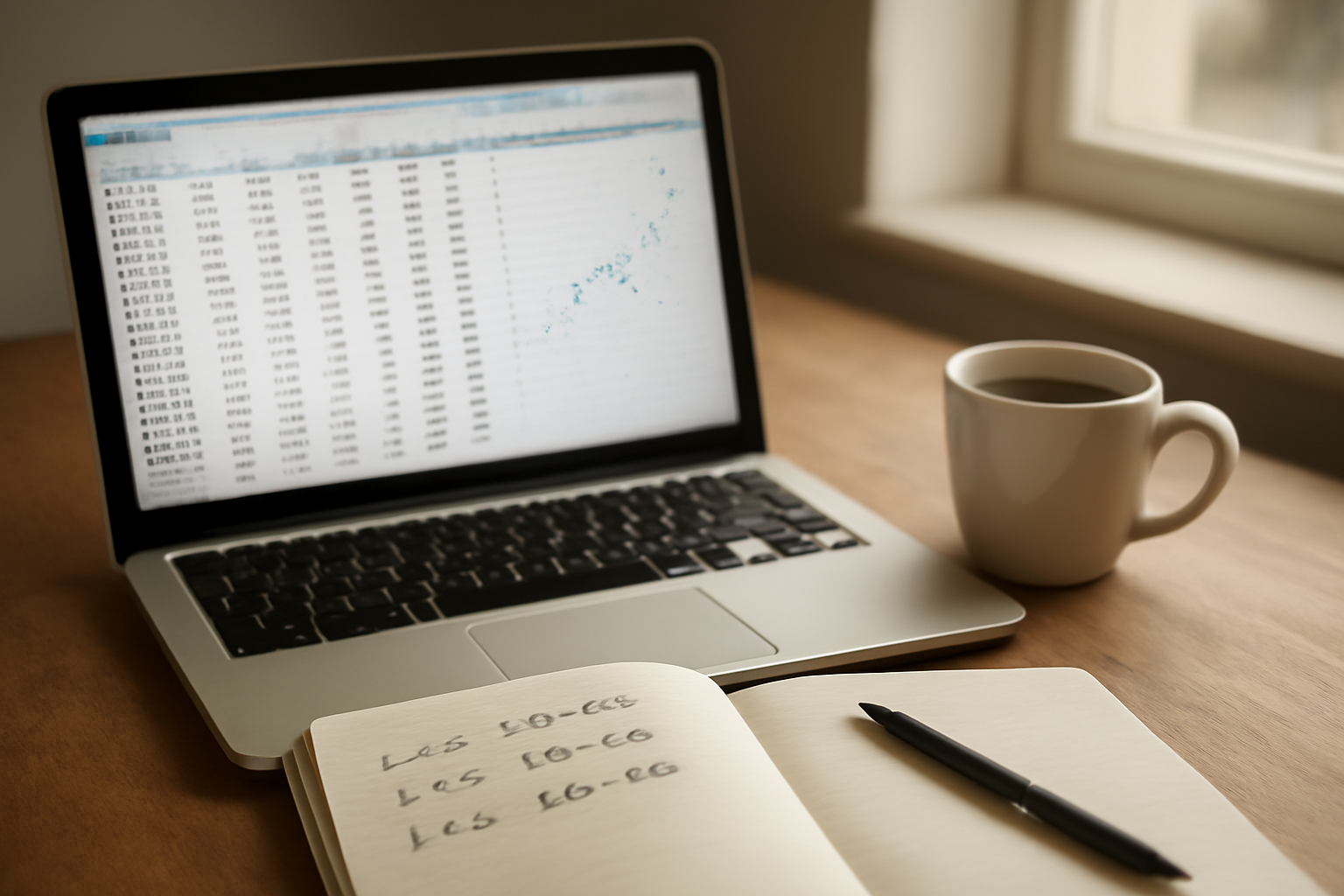 Meja kerja data scientist dengan laptop menampilkan data numerik dan grafik untuk normalisasi fitur