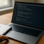 Laptop menampilkan skrip Python untuk membagi data latih dan data uji di meja kerja