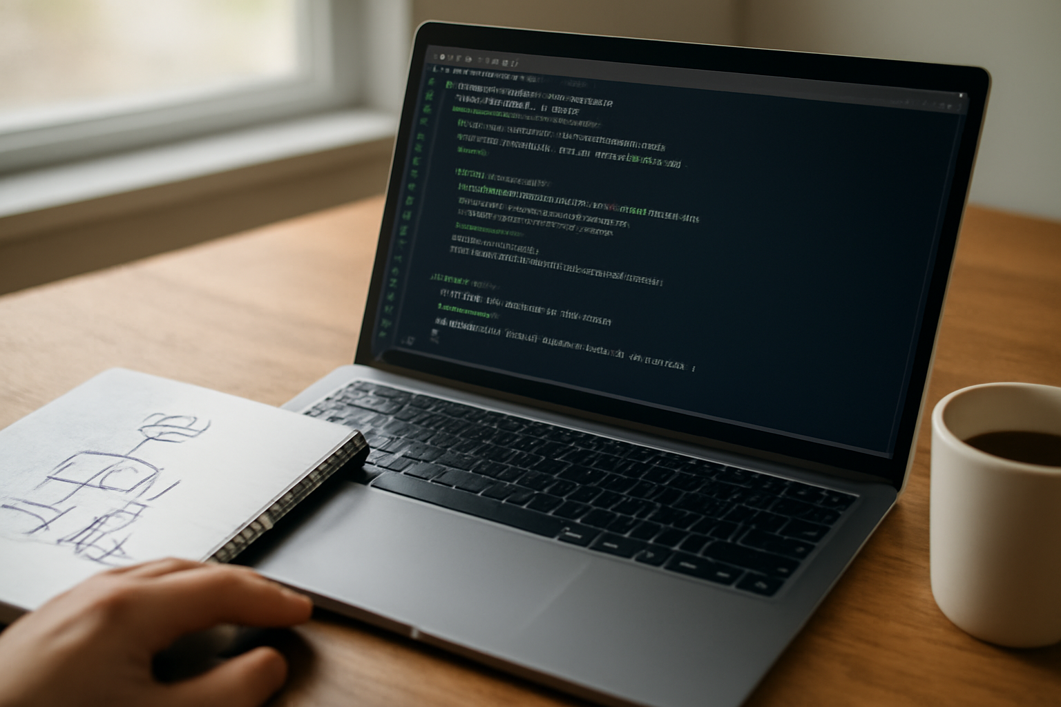 Laptop menampilkan skrip Python untuk membagi data latih dan data uji di meja kerja