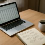 Meja kerja data scientist dengan laptop menampilkan data numerik dan catatan feature engineering