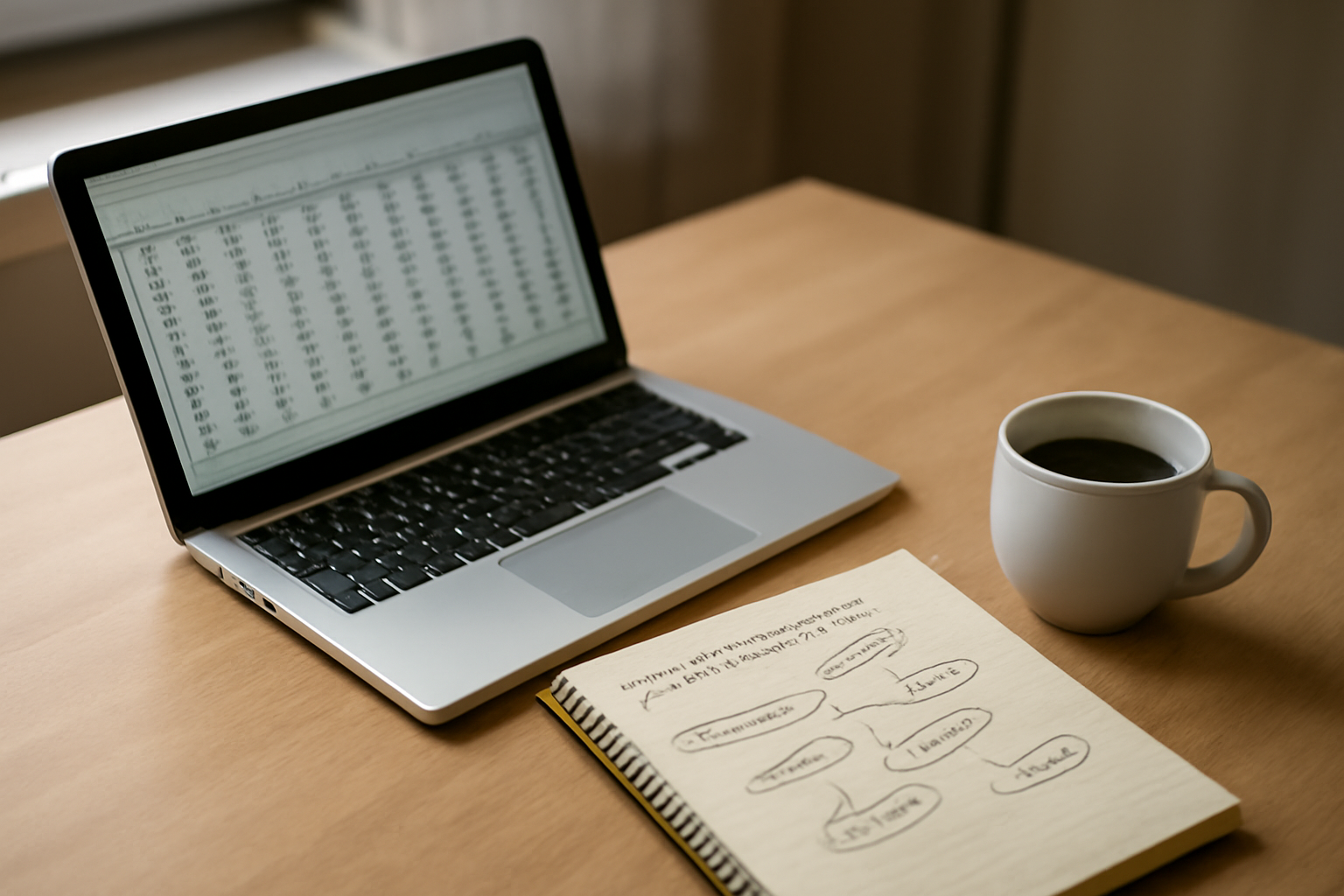 Meja kerja data scientist dengan laptop menampilkan data numerik dan catatan feature engineering