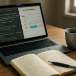 Ilustrasi meja kerja data scientist dengan laptop menampilkan kode Python dan diagram cross-validation