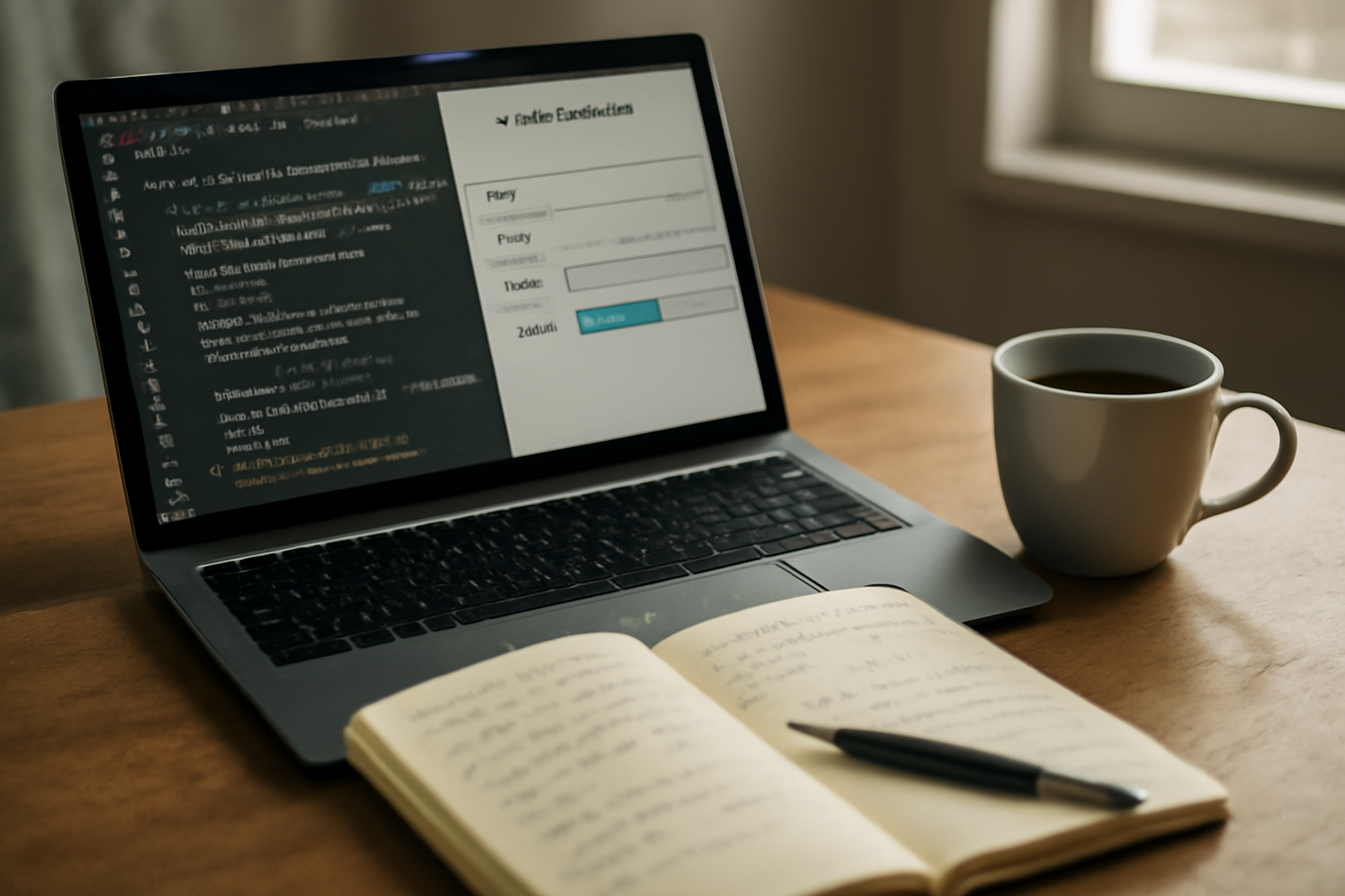 Ilustrasi meja kerja data scientist dengan laptop menampilkan kode Python dan diagram cross-validation