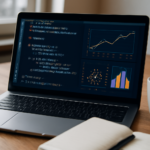 Laptop menampilkan kode Python untuk machine learning dengan grafik data di meja kayu