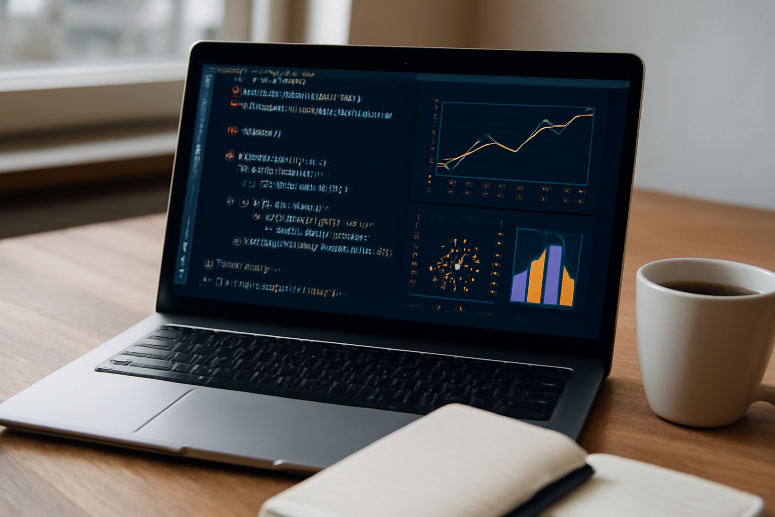 Laptop menampilkan kode Python untuk machine learning dengan grafik data di meja kayu