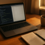 Meja belajar dengan laptop berisi kode dan catatan tulisan tangan untuk belajar machine learning