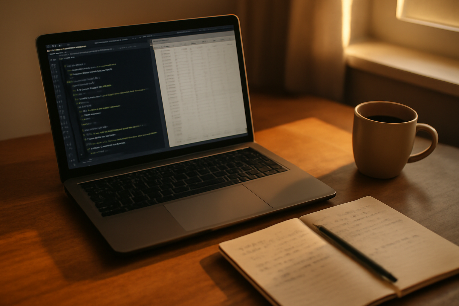 Meja belajar dengan laptop berisi kode dan catatan tulisan tangan untuk belajar machine learning
