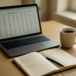 Meja kerja dengan laptop menampilkan spreadsheet data dan buku catatan untuk menyiapkan dataset machine learning