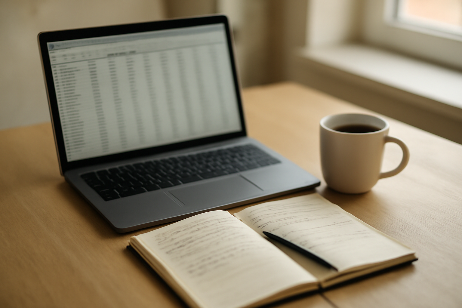 Meja kerja dengan laptop menampilkan spreadsheet data dan buku catatan untuk menyiapkan dataset machine learning